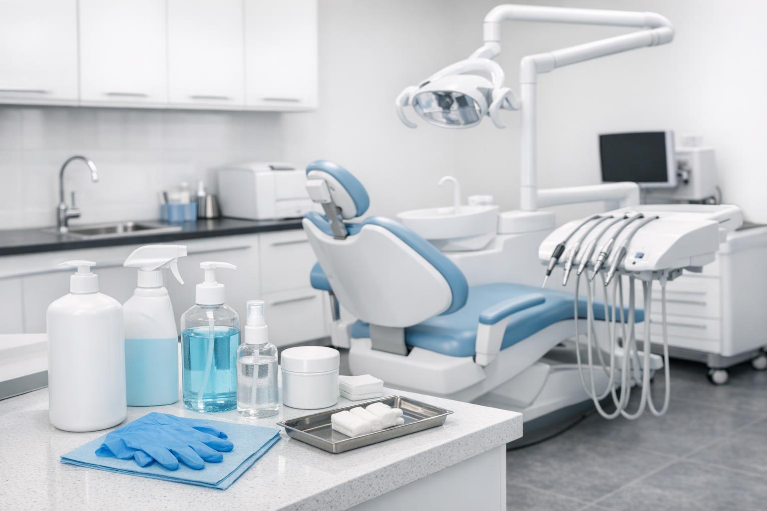 fotografia gabinetu stomatologicznego z wyposażeniem i preparatami do dezynfekcji