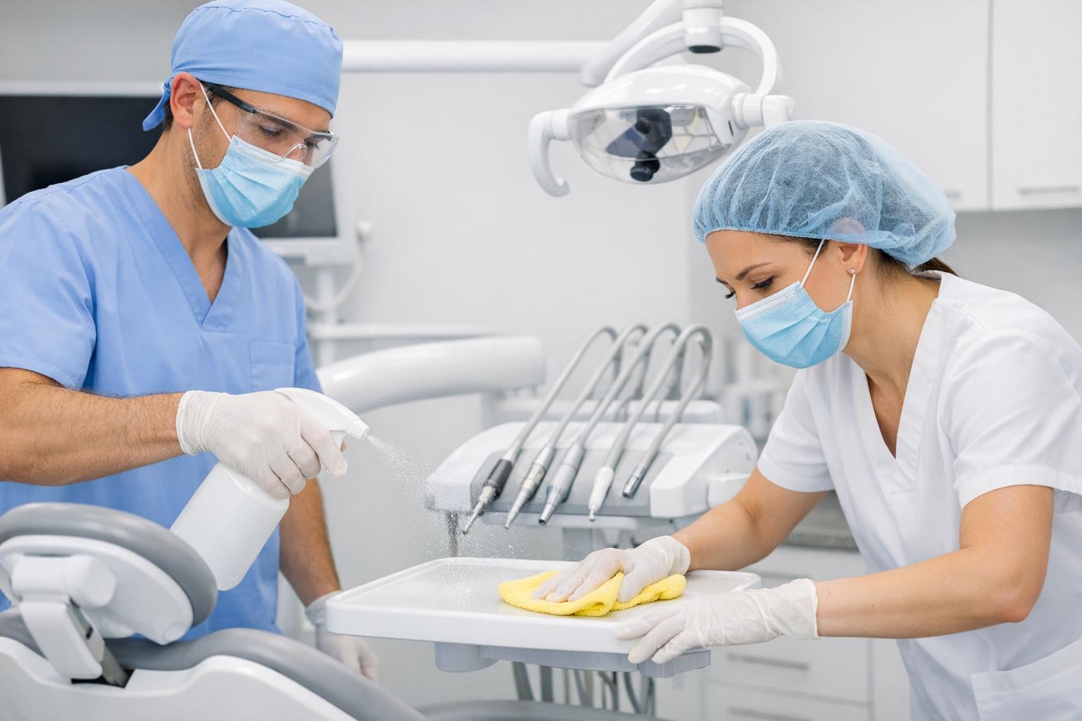 zdjęcie personelu stomatologicznego podczas dezynfekcji stanowiska roboczego